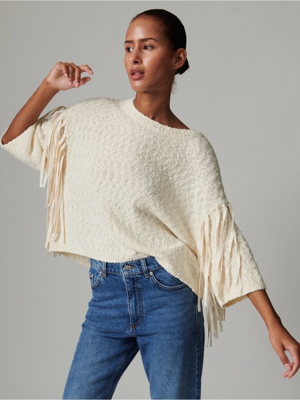 Day Birger Cream cotton blend Fringe Knit Sweater Women's Relaxed Pullover S - Picture 1 of 6